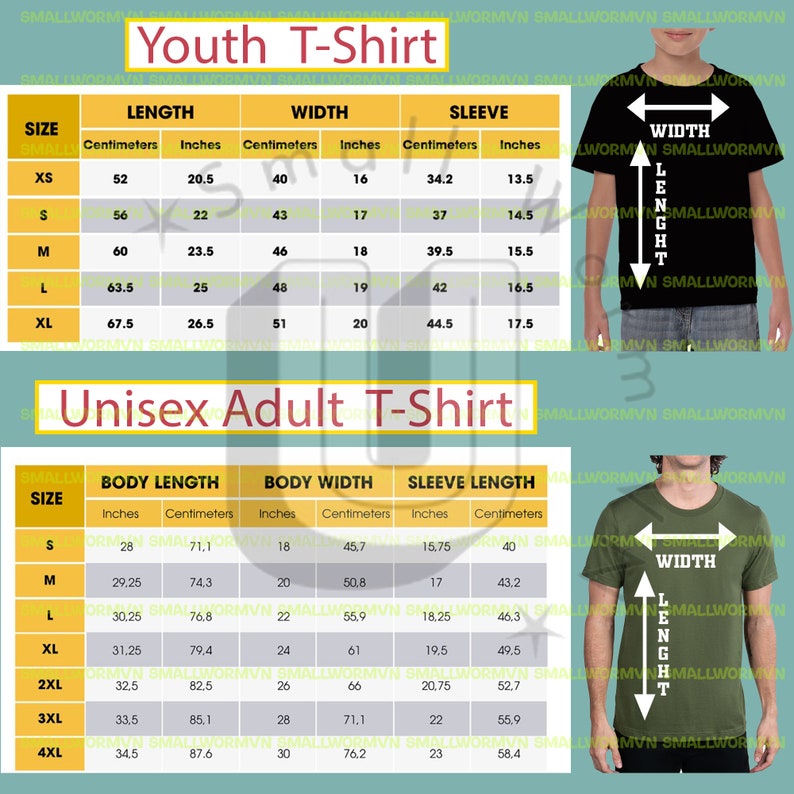 May include: A chart detailing Youth and Unisex Adult T-Shirt sizes, including body length, width, and sleeve length in inches and centimeters. The chart is against a black and green background.