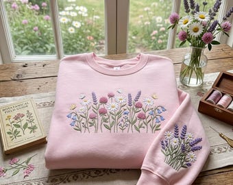 Embroidered Wildflower Vintage Sweatshirt, Retro Floral Botanical Sleeve Hoodie, Cute Cottagecore Lavender Sweater, Garden Lover Gift Shirt