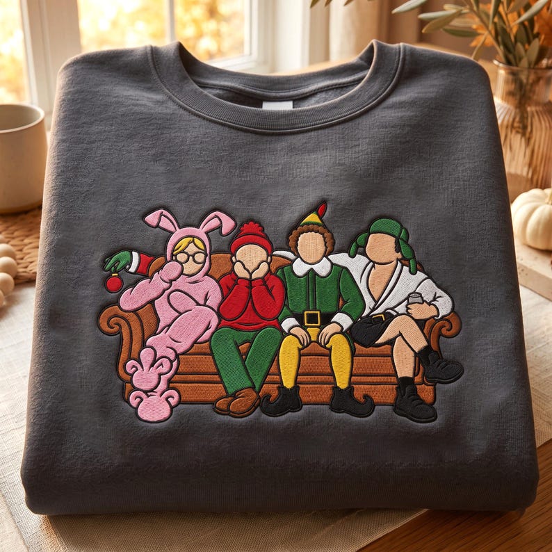 Embroidered Holiday Movie Friends Couch Sweatshirt, Festive Xmas Season ...