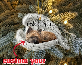 Cairn Terrier Sleeping Ornament, Angel Wings Dog Ornament, Pet Memorial Ornament, Dog Name Print Ornament, Pet Memorial Gift