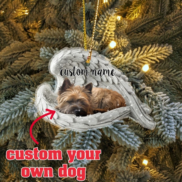 Cairn Terrier Sleeping Ornament, Angel Wings Dog Ornament, Pet Memorial Ornament, Dog Name Print Ornament, Pet Memorial Gift