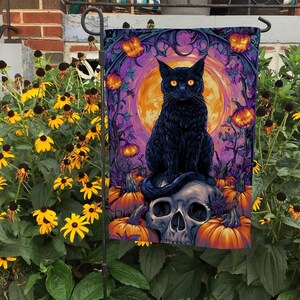 Gothic Black Cat On Skull Flag, Spooky Halloween Decor With Pumpkin Background, Dark Vintage Witchy Flag, Creepy Home Decor, FGB761