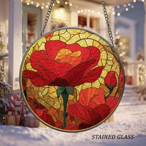 Poppy Flower Stained Glass Ornament, Artistic Poppy Acrylic Suncatcher, August Poppy Window Hanging, Flower Lover Home Decoration, TGOA254
