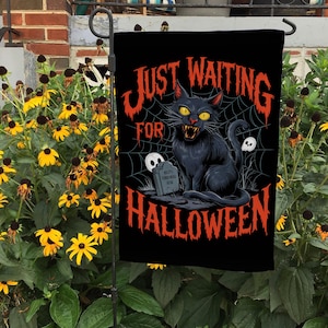 Black Cat Just Waiting For Halloween Flag, Halloween House Banner, Spooky Fall Outdoor Decoration, Preppy Halloween Flag, FGB658