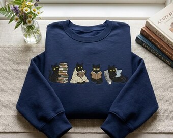 Embroidered Black Cats Reading Shirt, Cozy Bookworm Cat Sweater, Cute Bookish Kitten Crewneck, Library Animal Gift Sweatshirt