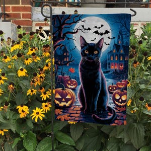 Halloween Black Cat Witch With Pumpkins And Full Moon Flag, Halloween Witch Flag, Trick Or Treat Garden Flag, Spooky Halloween Flag, FGB725