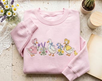 Embroidered Floral Geese Sweatshirt, Cute Silly Goose Ribbon Sweater, Spring Cottagecore Flower Crewneck, Gift For Bird Lover Shirt