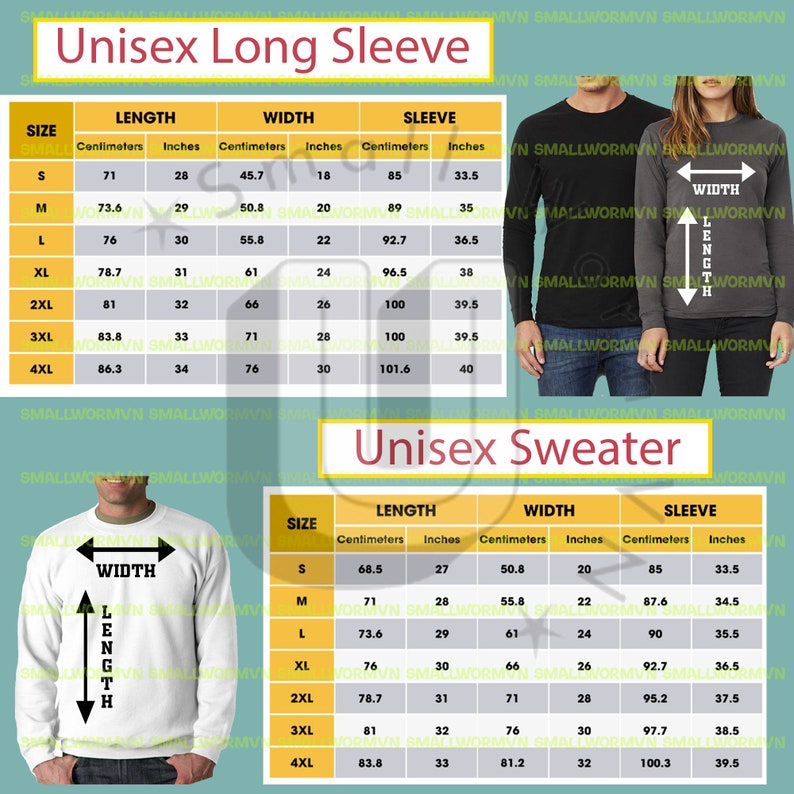May include: Image features size charts for unisex long sleeve shirts and sweaters. Charts display measurements in inches and centimeters for length, width, and sleeve length, ranging from size small to 4XL.