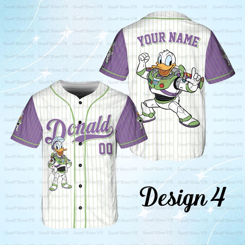 May include: White baseball jersey with purple sleeves and accents. The front features the name "Donald" and the number "00". The back has "YOUR NAME" and a graphic of Donald Duck as Buzz Lightyear. The text "Design 4" is at the bottom.