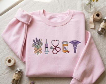 Embroidered Nurse Icons Sweatshirt, Medical Symbols Stethoscope Sweater, Cute Healthcare Worker Crewneck, Nursing Student Graduation Shirt