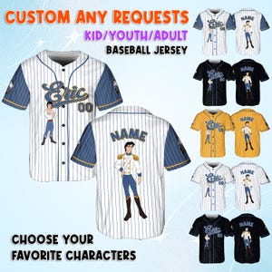 May include: Baseball jerseys with custom designs. The jerseys are white with blue accents and pinstripes. The text "Eric" and "Name" are visible on the jerseys. The image also includes the text "Custom Any Requests" and "Choose Your Favorite Characters".
