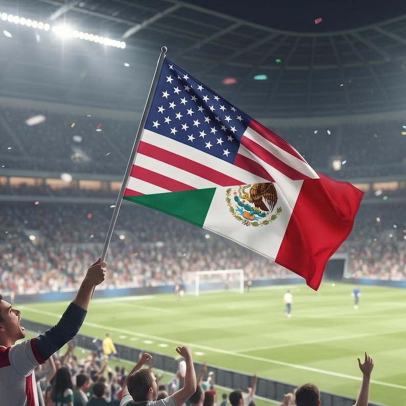 May include: A flag combining the United States and Mexico flags, held aloft in a stadium. The flag features the stars and stripes of the U.S. flag and the green, white, and red of the Mexican flag, with the Mexican coat of arms. Fans cheer in the background.