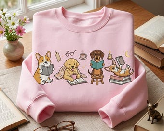 Embroidered Funny Dog Reading Sweatshirt, Cute Puppy With Books Sweater, Cozy Library Bookworm Crewneck, Novel Lover Fiction Reader Shirt