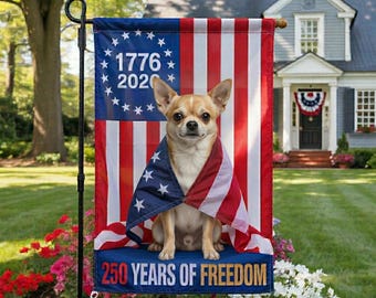 Bandera de jardín del 250 aniversario del Chihuahua (1776-2026), decoración patriótica del Chihuahua para el 4 de julio, bandera del perro de los 250 años de libertad de Estados Unidos