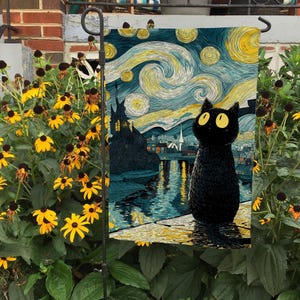 Starry Night Black Cat Flag, Halloween Van Gogh Flag, I Prefer Halloween Flag, Trick Or Treat Flag, Spooky Season Garden Flag, FGB746