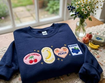 Embroidered Fruity Pride Shirt, Cute Pastel Fruit Sticker Sweater, Retro Sweet Cherry Crewneck, Aesthetic Summer Gift Sweatshirt