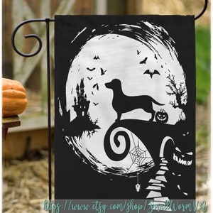 Dachshund Dog And Moon Halloween Flag, Welcome Halloween Garden Flag, Pumpkin Ghost, Haunted House Decoration, Spooky Dog Gifts