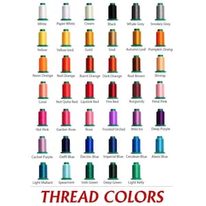 May include: A color chart of thread spools in various colors, including white, black, yellow, orange, red, pink, purple, blue, green, and brown. The text "THREAD COLORS" is displayed at the bottom.