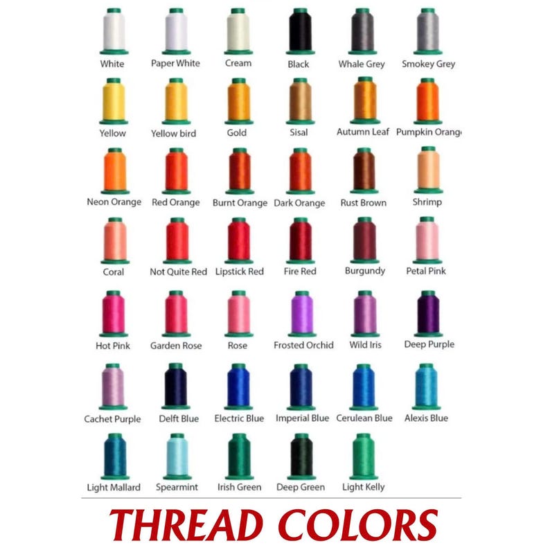 May include: A color chart of thread spools in various colors, including white, black, yellow, orange, red, pink, purple, blue, green, and brown. The text "THREAD COLORS" is displayed at the bottom.
