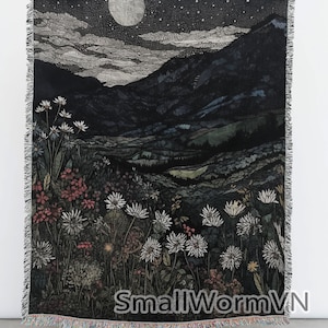 Midnight Field Of Flowers Woven Blanket, Deep Gothic Floral Blanket, Mountains Field Of Flowers Woven Throw, Large Throw Blanket