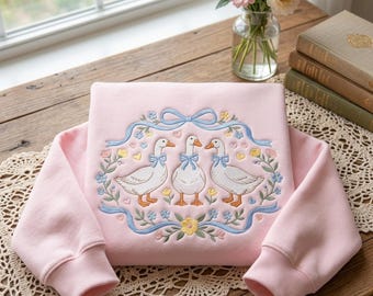 Embroidered Goose Coquette Bow Shirt, Vintage Blue Ribbon Goose Sweater, Grandmillennial Geese Crewneck, Aesthetic Farm Gift Sweatshirt