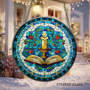 Book And Candle Stained Glass Ornament, Book And Candle Suncatcher Hanging, Library Reading Window Hanging, Gift For Book Lovers, TGOA150