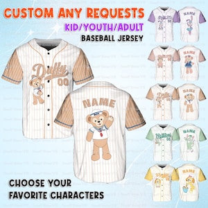May include: Baseball jerseys with custom character designs. The jerseys are white with pinstripes and feature various cartoon characters. Text on the jerseys includes "Duffy", "Name", and "Choose Your Favorite Characters". The jerseys are available in kid, youth, and adult sizes.