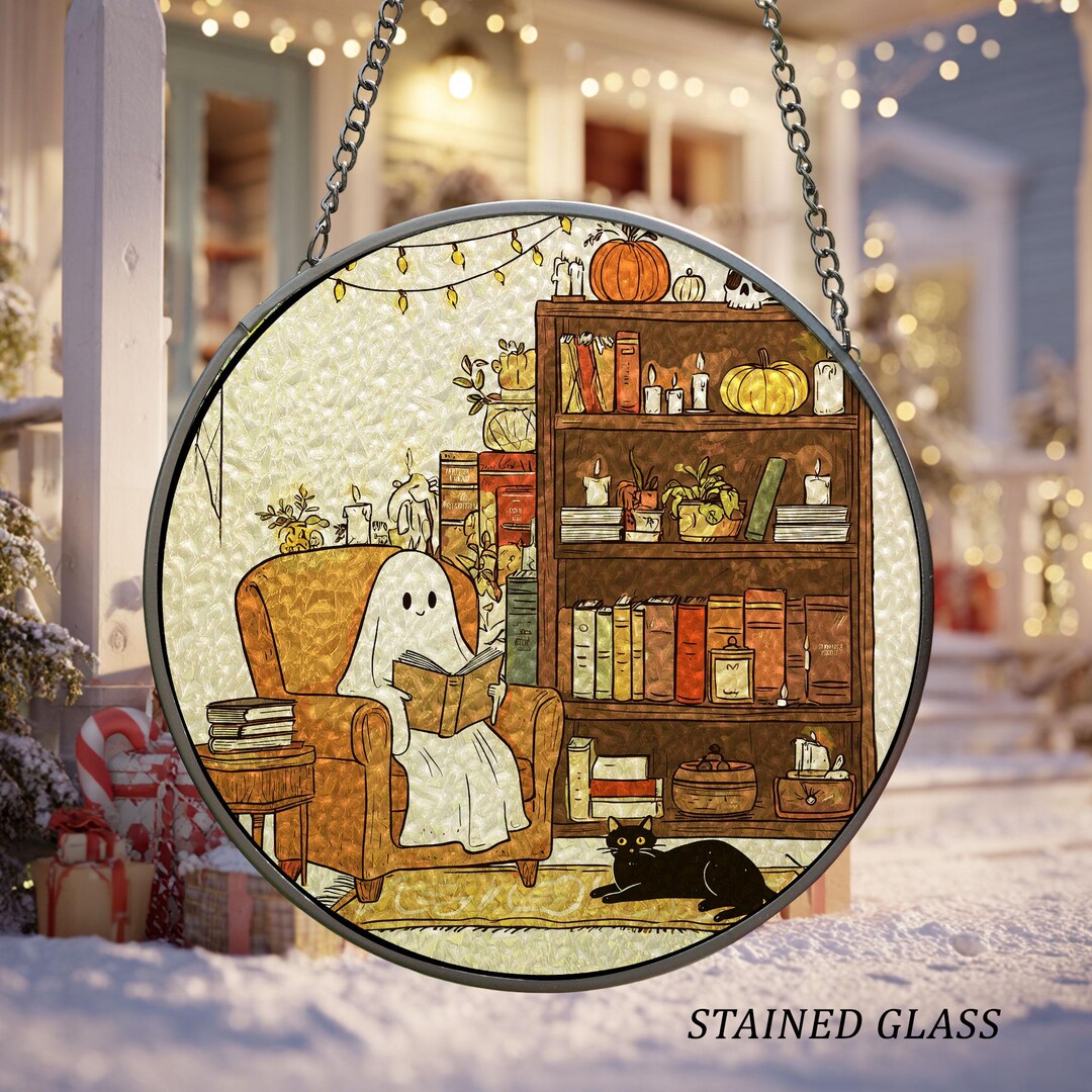 Ghost Reading Book Stained Glass Ornament, Ghost and Black Cat ...