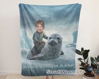 Riding Seal Custom Face Blanket, Seal Lover Custom Face Birthday Gift, Personalized Blanket for Kids, Custom Gifts For Kids