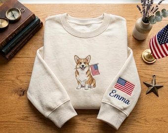Custom Corgi USA Flag Embroidered Sweatshirt, Personalized Patriotic Dog Mom Sweater, American Flag Corgi Shirt, Dog Lover Crewneck Gift