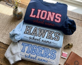 Custom School Gingham Embroidered Sweatshirt, Personalized Team Mascot Sweater, Retro Varsity Spirit Crewneck, Game Day Fan Shirt