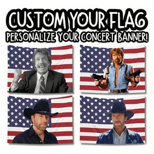 May include: A promotional banner with the text "CUSTOM YOUR FLAG" and "PERSONALIZE YOUR CONCERT BANNER!". The banner features four images of a person in front of an American flag.