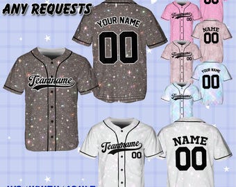 Personalized Name PRINTED GLITTER Baseball Jersey, Sparkly Uniform Game Day Outfit, Family Group Baseball Jersey, Game Day Summer Outfit
