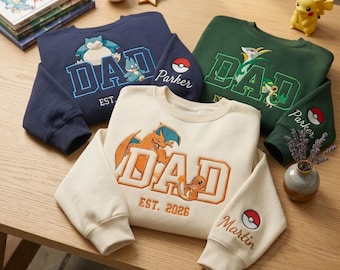 Custom PokaDad Embroidered Sweatshirt, Personalized Anime Dad Father's Day Sweater, Pocket Beast Dad Shirt, Custom Father Gift Crewneck