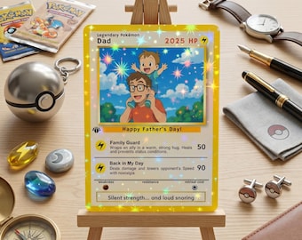Tarjeta holográfica de Pokémon legendario, tarjeta coleccionable personalizada, regalo para el Día del Padre, sorpresa para papá friki, recuerdo estilo anime, tarjeta única para el Día del Padre.