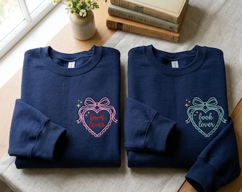 Embroidered Book Lover Coquette Bow Shirt, Cute Lace Heart Reader Sweater, Girly Bookish Crewneck, Romantic Library Gift Sweatshirt
