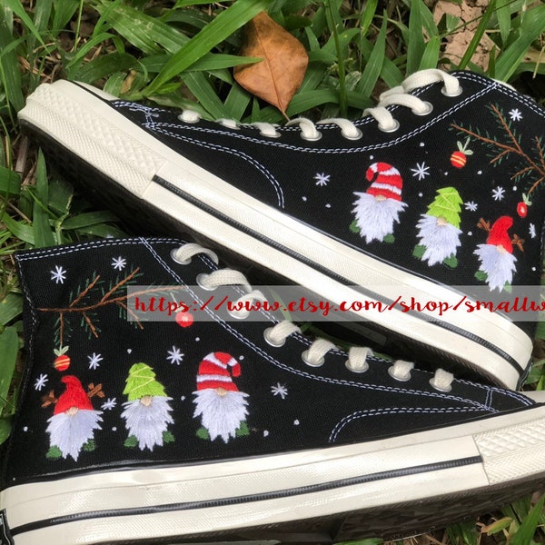 Embroidered Christmas Converse, Converse Chuck Taylor Christmas Shoes, Custom Hand Embroidered Gnomes Converse, Christmas Shoes Gifts