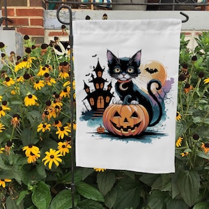 Halloween Black Cat Witch With Pumpkins And Full Moon Flag, Happy Halloween Witch Flag, Spooky Season Witchy Decoration, FGB726