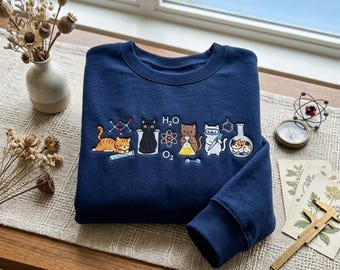 Embroidered Chemistry Cats Shirt, Science Teacher Laboratory Sweater, Funny STEM Student Crewneck, Cute Nerd Kitten Gift Sweatshirt