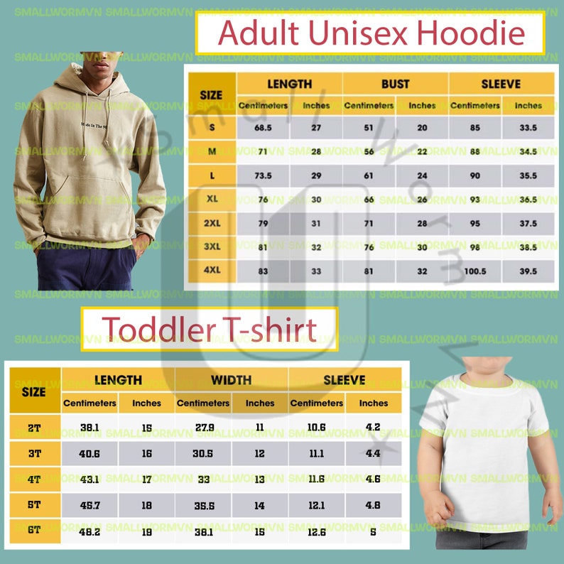 May include: A beige Adult Unisex Hoodie with a front pocket and drawstring hood. The image also includes a white Toddler T-shirt. Size charts in inches and centimeters are displayed for both garments.