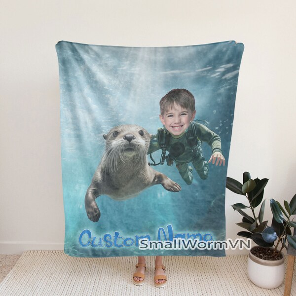 Riding Otter Custom Face Blanket, Otter Lover Custom Face Birthday Gift, Personalized Blanket for Kids, Custom Gifts For Kids