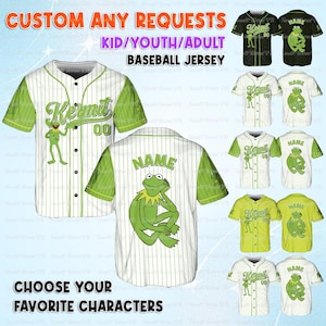 May include: Baseball jerseys with a Kermit the Frog theme. The jerseys are white with green accents and pinstripes. The front features the name "Kermit" and the number "00". The back of the jersey has the name and a graphic of Kermit. The text "CUSTOM ANY REQUESTS" and "CHOOSE YOUR FAVORITE CHARACTERS" is also visible.
