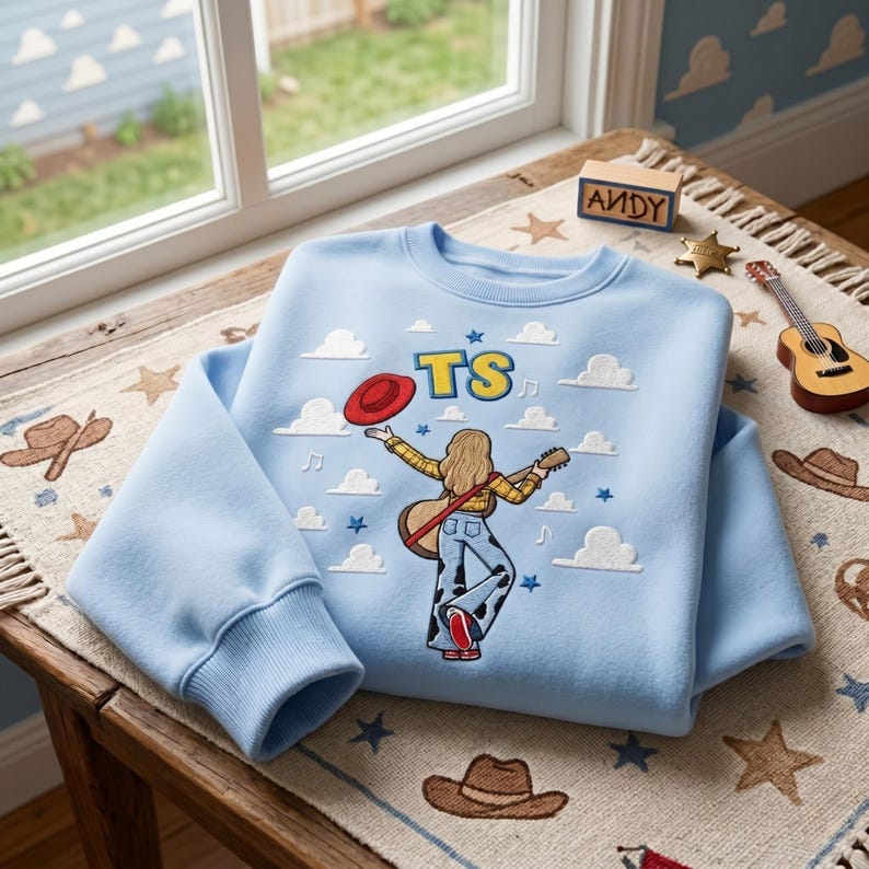May include: A light blue crewneck sweatshirt featuring an embroidered graphic of a person with long hair playing a guitar, wearing a yellow plaid shirt and cow-print pants. The design includes a red hat, white clouds, blue stars, and the text TS.