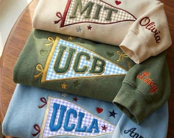 Custom Pennant University Embroidered Sweatshirt, College Letter Sweater, Gingham Applique School Spirit Shirt, Graduation Crewneck