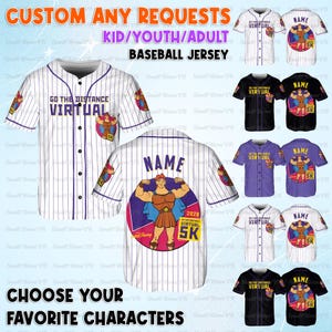 May include: A white baseball jersey with thin vertical pinstripes, purple trim, and a button-down front. The front features the text "GO THE DISTANCE VIRTUAL" and a graphic of Hercules. The back displays "NAME" above a large circular Hercules graphic.