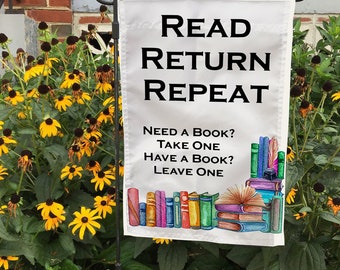 Free Little Library Flag, Read Return Repeat, Book Day Gift, Little Library Garden Flag, Retro Book Flags, Reading Garden Flag