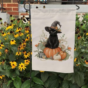 A Black Cat Wearing A Black Witch Hat Flag, Halloween Witch Flag, Spooky Flag For Goth Garden, Preppy Halloween Flag, FGB644