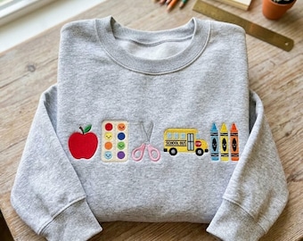 Embroidered Back To School Sweatshirt, Cute School Bus Crayons Sweater, Retro Kindergarten Teacher Crewneck, Aesthetic Student Shirt
