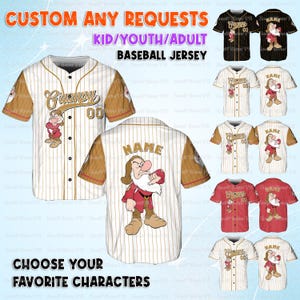 May include: Baseball jerseys with custom designs, featuring the text "Grumpy" and "Name" with cartoon character illustrations. Available in various colors, including white, black, and red, with striped and solid patterns. The jerseys are designed for kids, youth, and adults.