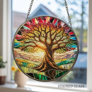 Tree of Life Stained Glass Suncatcher, Spiritual Ornament, Sacred Symbol Keepsake, Boho Window Hanging, Nature Inspired Home Decor, TGOA868